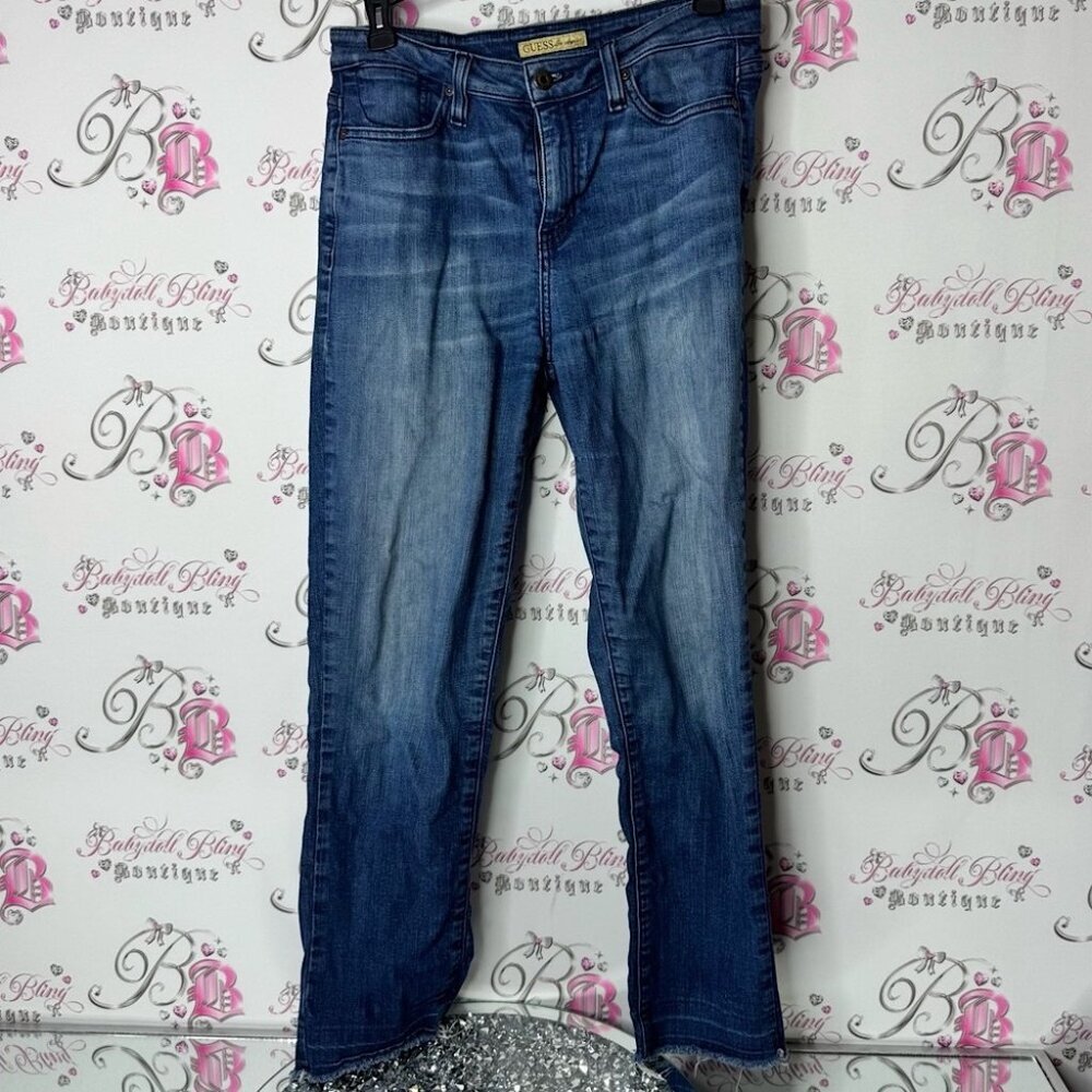 Guess jeans denim distressed trim cuff Blue Flare Wide Leg Jeans